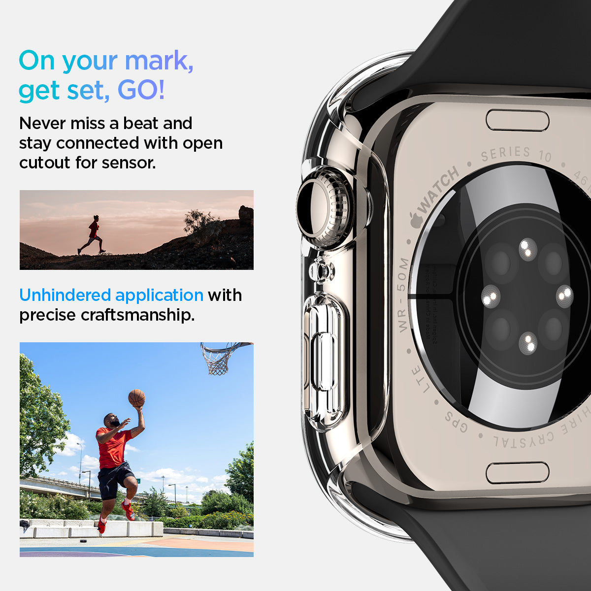ACS08602 - Apple Watch 10 (46mm) Case Thin Fit in Crystal Clear never miss a beat and stay connected with open cutout for the sensor. Write down On your mark, get set GO! Unhindered application with precise craftsmanship.