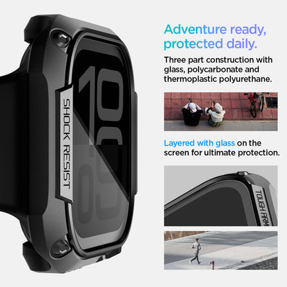 ACS08603 - Apple Watch 10 (46mm) Case Tough Armor in Black has three part construction with glass, polycarbonate and thermoplastic polyurethane. Adventure ready, protected daily. Layered with glass on the screen for ultimate protection.