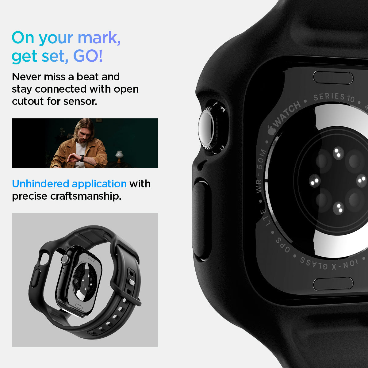 ACS09391 - Apple Watch 10 (46mm) Case Vault Pro in Matte Black never miss a beat and stay connected with open cutout for the sensor. Write down On your mark, get set GO! Unhindered application with precise craftsmanship.