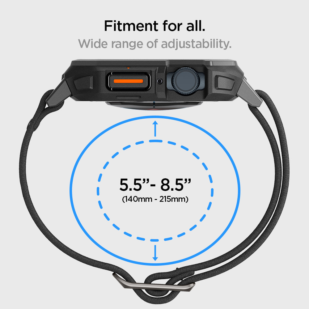 ACS07103 - Apple Watch (45mm) Lite Fit Pro in Matte Black showing the fitment for all. Wide range of adjustability 5.5" - 8.5" (140mm-215mm)