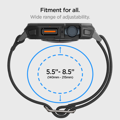 ACS07103 - Apple Watch (45mm) Lite Fit Pro in Matte Black showing the fitment for all. Wide range of adjustability 5.5" - 8.5" (140mm-215mm)