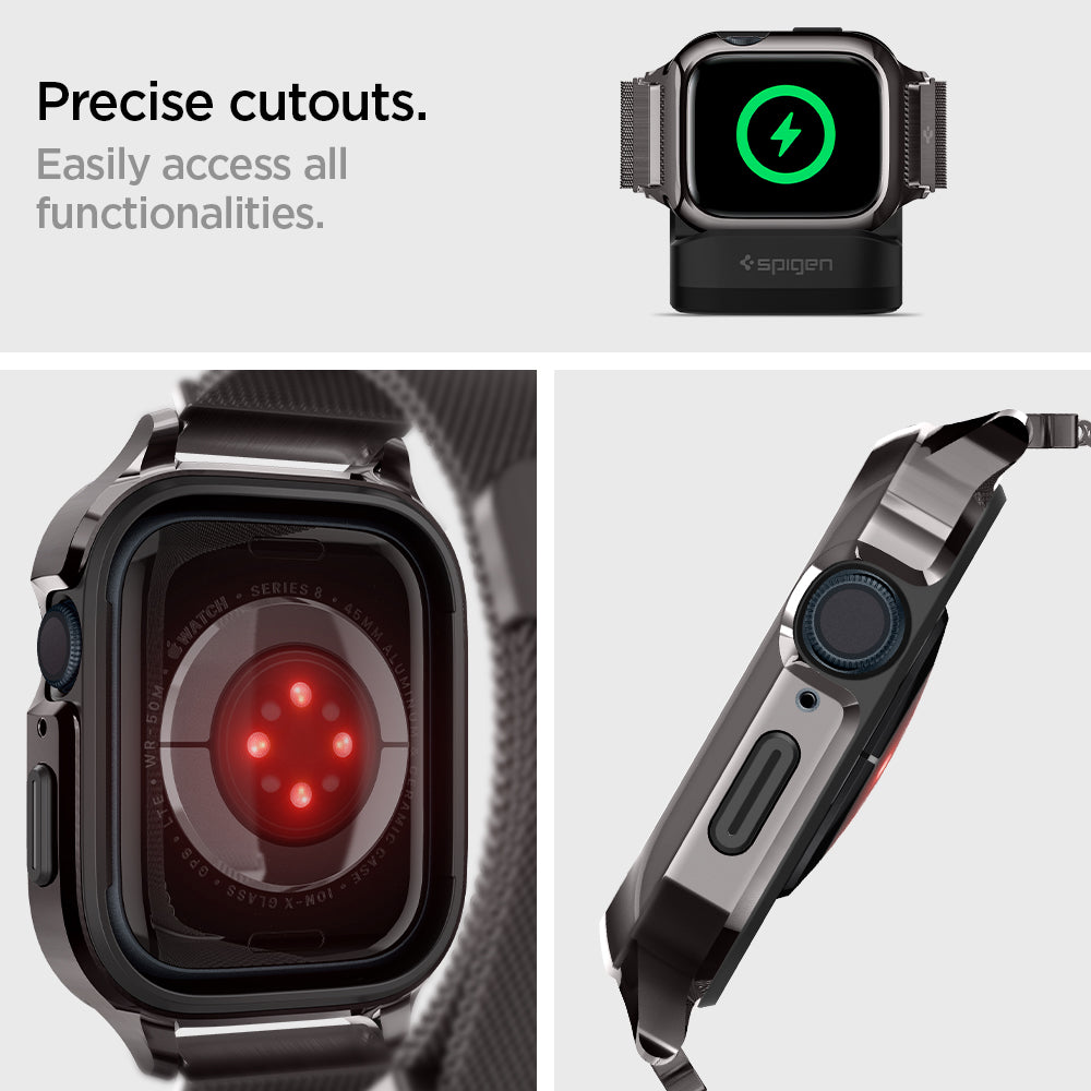 ACS04585 - Apple Watch Series (Apple Watch (45mm) Case Metal Fit Pro in graphite showing the precise cutouts easily access all functionalities