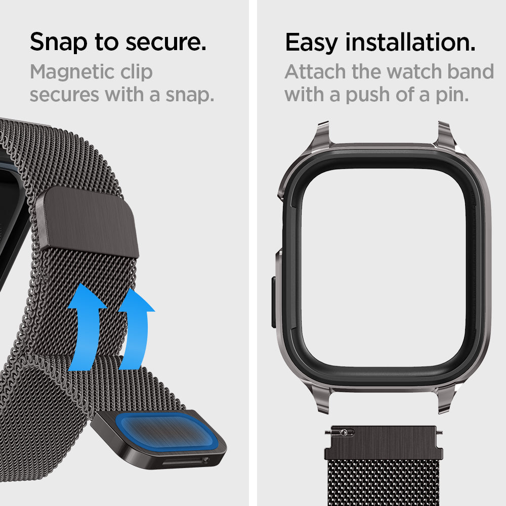 ACS04585 - Apple Watch Series (Apple Watch (45mm) Case Metal Fit Pro in graphite showing the different anglessnap to secure. Magnetic clip secure with a snap. Easy installation. Attached the watch band with a push pin