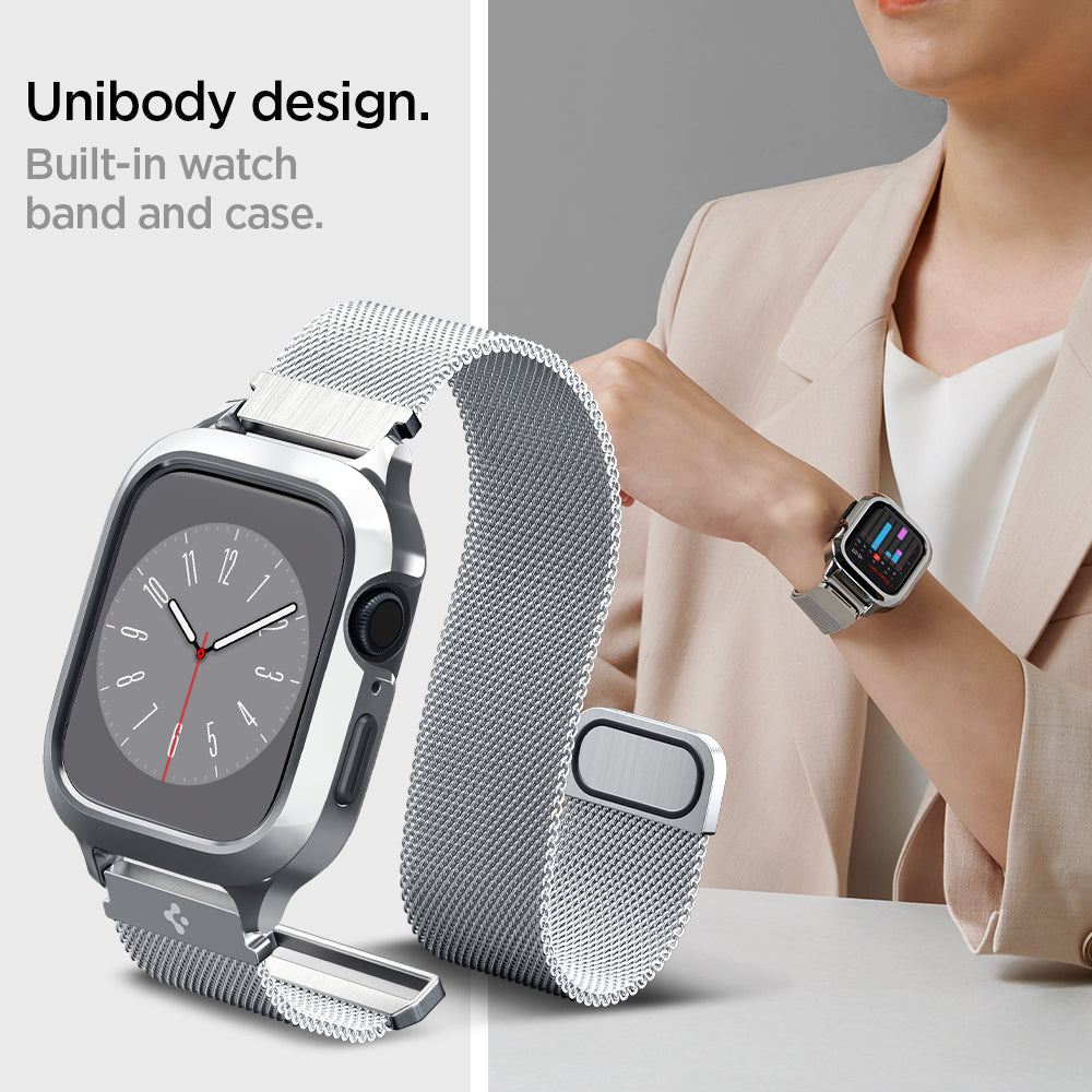 ACS04584 - Apple Watch Series (Apple Watch (45mm) Case Metal Fit Pro in silver showing the unibody design, boilit-in watch band case