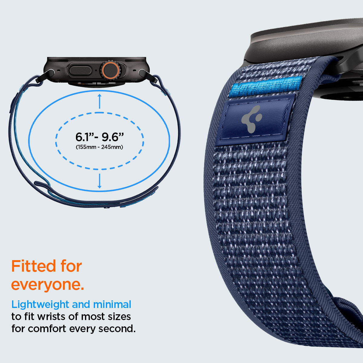 AMP10608 - Apple Watch Ultra Athlex Air 2 band size guide image showing adjustable strap circumference range from 6.1 inches to 9.6 inches with close-up of navy woven Athlex Air 2 band highlighting lightweight minimal fit design for most wrist sizes
