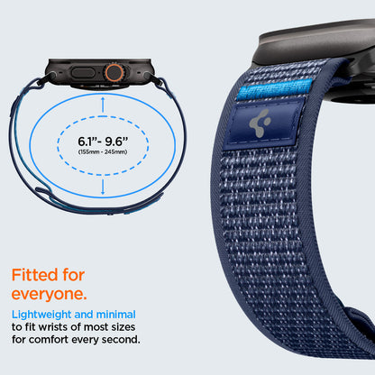 AMP10608 - Apple Watch Ultra Athlex Air 2 band size guide image showing adjustable strap circumference range from 6.1 inches to 9.6 inches with close-up of navy woven Athlex Air 2 band highlighting lightweight minimal fit design for most wrist sizes