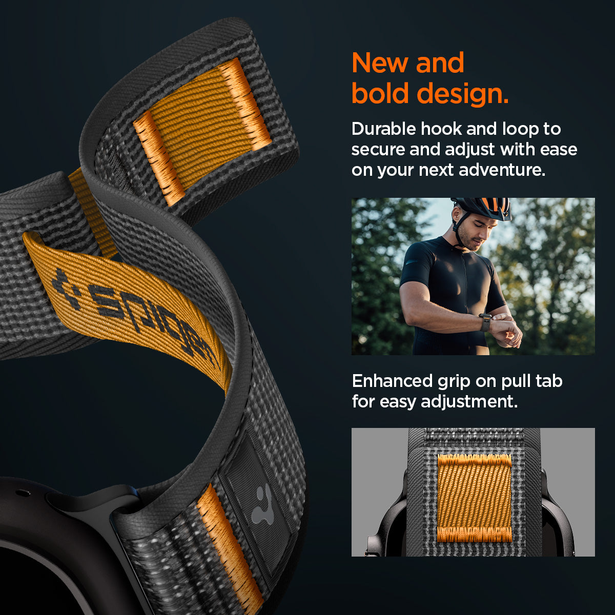 AMP10607 - Apple Watch Ultra Athlex Air 2 band close-up showing bold gray woven nylon strap with reinforced hook and loop fastening enhanced grip pull tab subtle logo detail and durable stitching designed for secure easy adjustment during active outdoor use