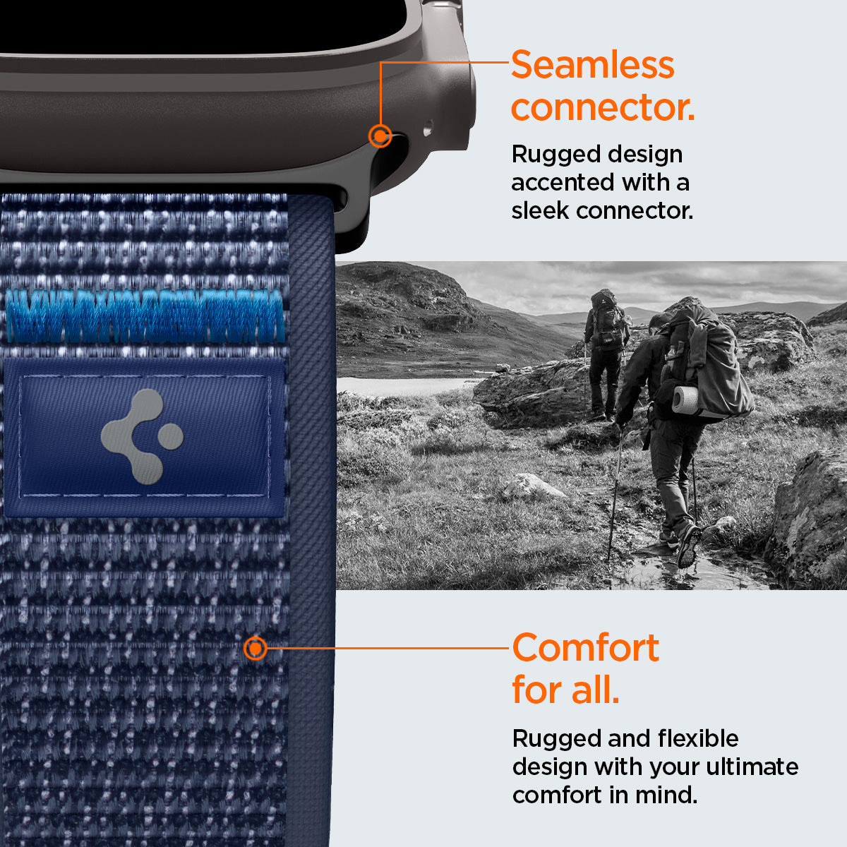 AMP10608 - Apple Watch Ultra Athlex Air 2 band detail highlighting seamless connector rugged navy woven nylon strap subtle logo patch and flexible textured weave designed for secure attachment and all day comfort during outdoor adventures
