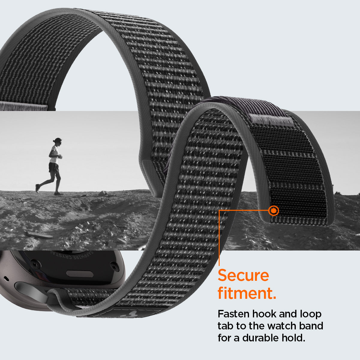 AMP11113 - Apple Watch Ultra Athlex Air 2 band showing secure hook and loop fastening system with rugged gray woven nylon strap curved for a snug fit highlighting strong grip and stability during running and active outdoor use