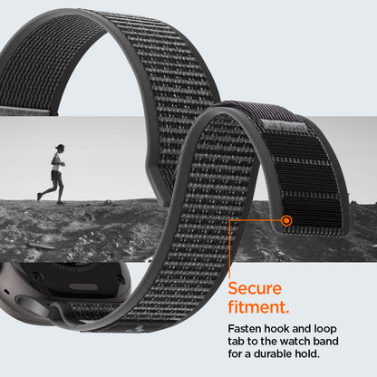 AMP11113 - Apple Watch Ultra Athlex Air 2 band showing secure hook and loop fastening system with rugged gray woven nylon strap curved for a snug fit highlighting strong grip and stability during running and active outdoor use