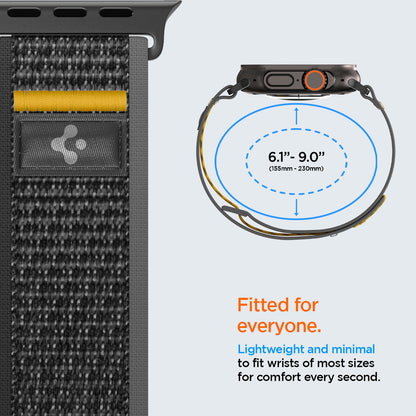 AMP09033 - Apple Watch 10 (46mm) Athlex Air in Active Black showing the fitment. 6.1" - 9.0" (155mm-230mm). Fitted for everyone. Lightweight and minimal to fit wrists of most sizes for comfort every second