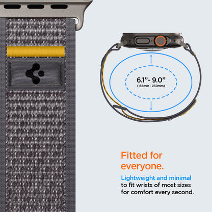 AMP09034 - Apple Watch 10 (46mm) Athlex Air in Active Gray showing the fitment. 6.1" - 9.0" (155mm-230mm). Fitted for everyone. Lightweight and minimal to fit wrists of most sizes for comfort every second