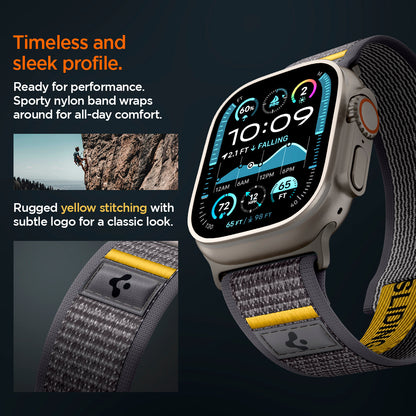 AMP09034 - Apple Watch 10 (46mm) Athlex Air in Active Gray showing the timeless and sleek profile. Ready for performance Sporty nylon band wrap around for all-day comfort. Rugged yellow stitching with subtle logo for a classic look