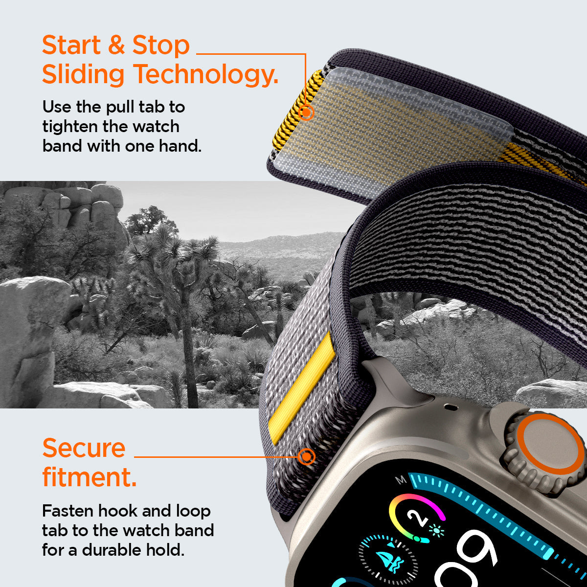 AMP09034 - Apple Watch 10 (46mm) Athlex Air in Active Gray showing the start & stop sliding technology. Use the pull tab to tighten the watch band with one hand. Secure fitment. Fasten hook and loop tab to the watch band for a durable hold