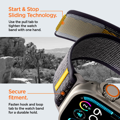 AMP09034 - Apple Watch 10 (46mm) Athlex Air in Active Gray showing the start & stop sliding technology. Use the pull tab to tighten the watch band with one hand. Secure fitment. Fasten hook and loop tab to the watch band for a durable hold
