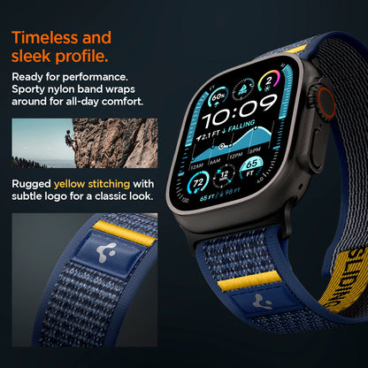AMP09036 - Apple Watch 10 (46mm) Athlex Air in Active Navy showing the timeless and sleek profile. Ready for performance Sporty nylon band wrap around for all-day comfort. Rugged yellow stitching with subtle logo for a classic look