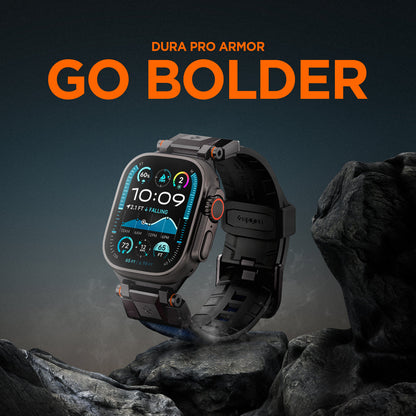AMP09103 - Apple Watch Ultra (49mm) DuraPro Armor in Navy Blue showing clock in the top of the mountain and Go bolder.