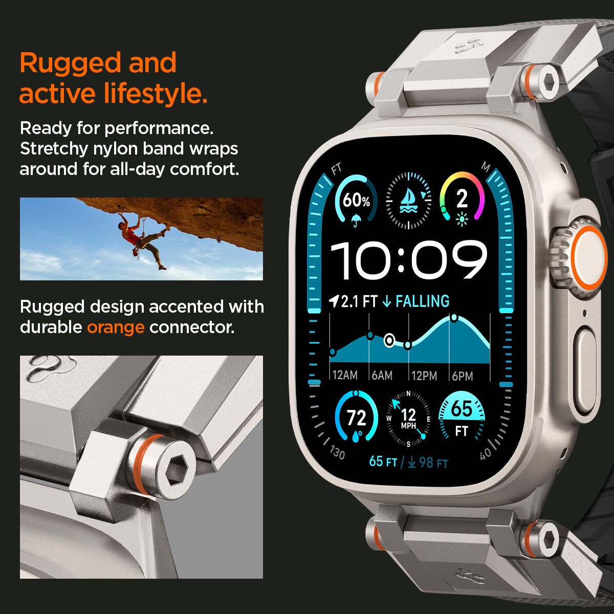 AMP09104 - Apple Watch Ultra (49mm) DuraPro Armor in Gray is ready for performance premium PU band wraps around for all day comfort. rugged design accented with durable orange connctor.