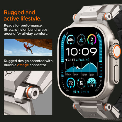 AMP09104 - Apple Watch Ultra (49mm) DuraPro Armor in Gray is ready for performance premium PU band wraps around for all day comfort. rugged design accented with durable orange connctor.