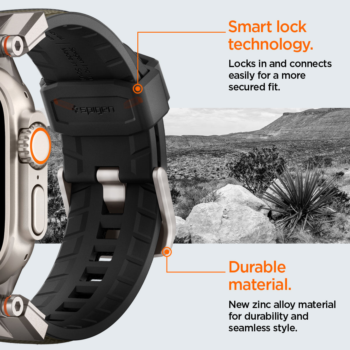 AMP09102 - Apple Watch Ultra (49mm) DuraPro Armor in Military Green locks in and connects easily for a more secured fit. New zinc alloy material for durability and seamless style.