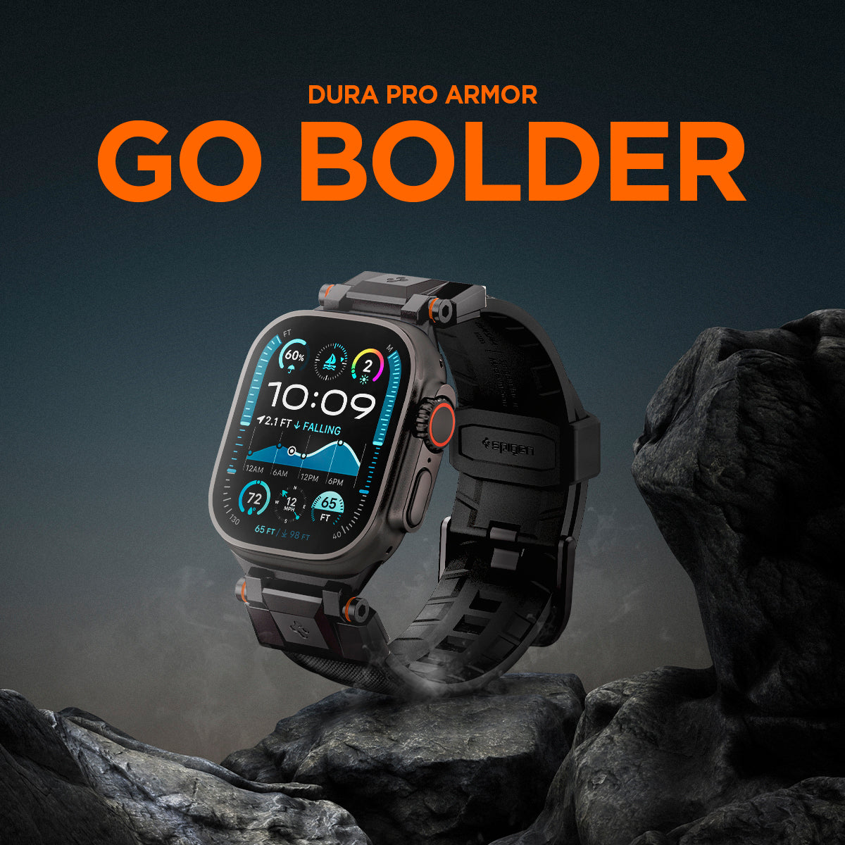 AMP09229 - Apple Watch Ultra (49mm) DuraPro Armor in Black Edition showing clock in the top of the mountain and Go bolder.
