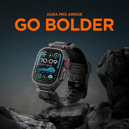 AMP09229 - Apple Watch Ultra (49mm) DuraPro Armor in Black Edition showing clock in the top of the mountain and Go bolder.
