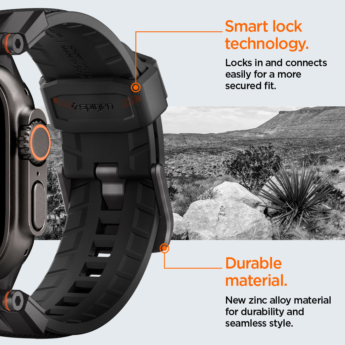 AMP09229 - Apple Watch Ultra (49mm) DuraPro Armor in Black Edition locks in and connects easily for a more secured fit. New zinc alloy material for durability and seamless style.