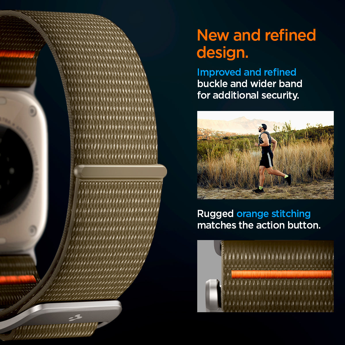 AMP05982 - Apple Watch (49mm) DuraPro Flex Ultra in Khaki improved and refined buckle and wider band for additional security. Rugged orange stitching matches the action button.