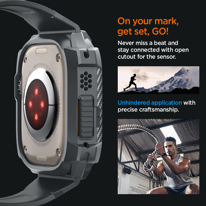 ACS07390 - Apple Watch (49mm) Rugged Armor Pro in Dark Gray never miss a beat and stay connected with open cutout for the sensor. Write down On your mark, get set GO! Unhindered application with precise craftsmanship.