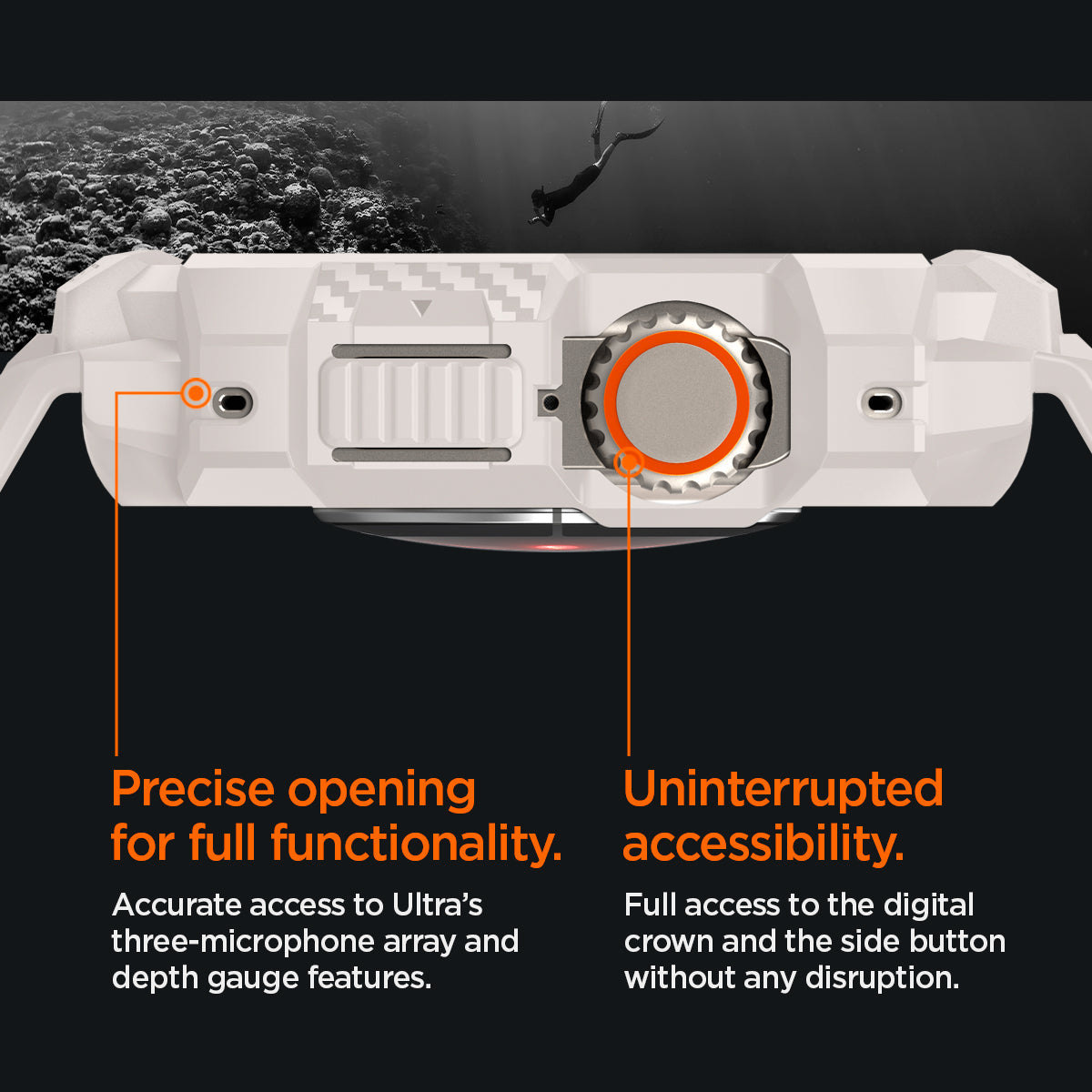 ACS07388 - Apple Watch (49mm) Rugged Armor Pro in Dune Beige showing precise opening for full functionality. Accurate access to Ultra's three-microphone array and depth gauge features. Uninterrupted accessibility. Full access to the digital crown and the side button without any disruption.