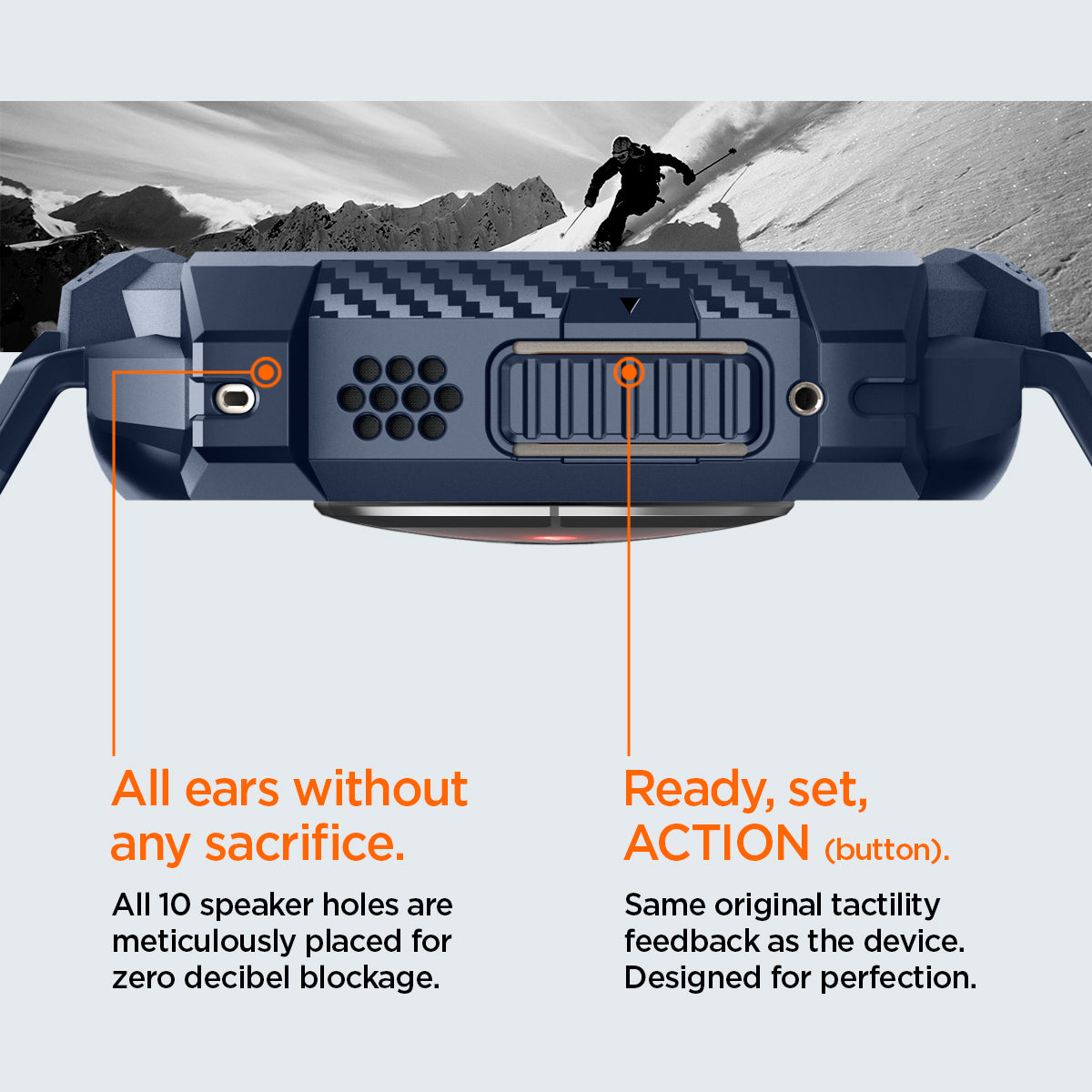 ACS07389 - Apple Watch (49mm) Rugged Armor Pro in Navy Blue has all 10 speaker holes are meticulously placed for zero decibel blockage. All ears without any sacrifice. Also has Ready, set action button. Same original tactility feedback as the device. Designed for perfection.