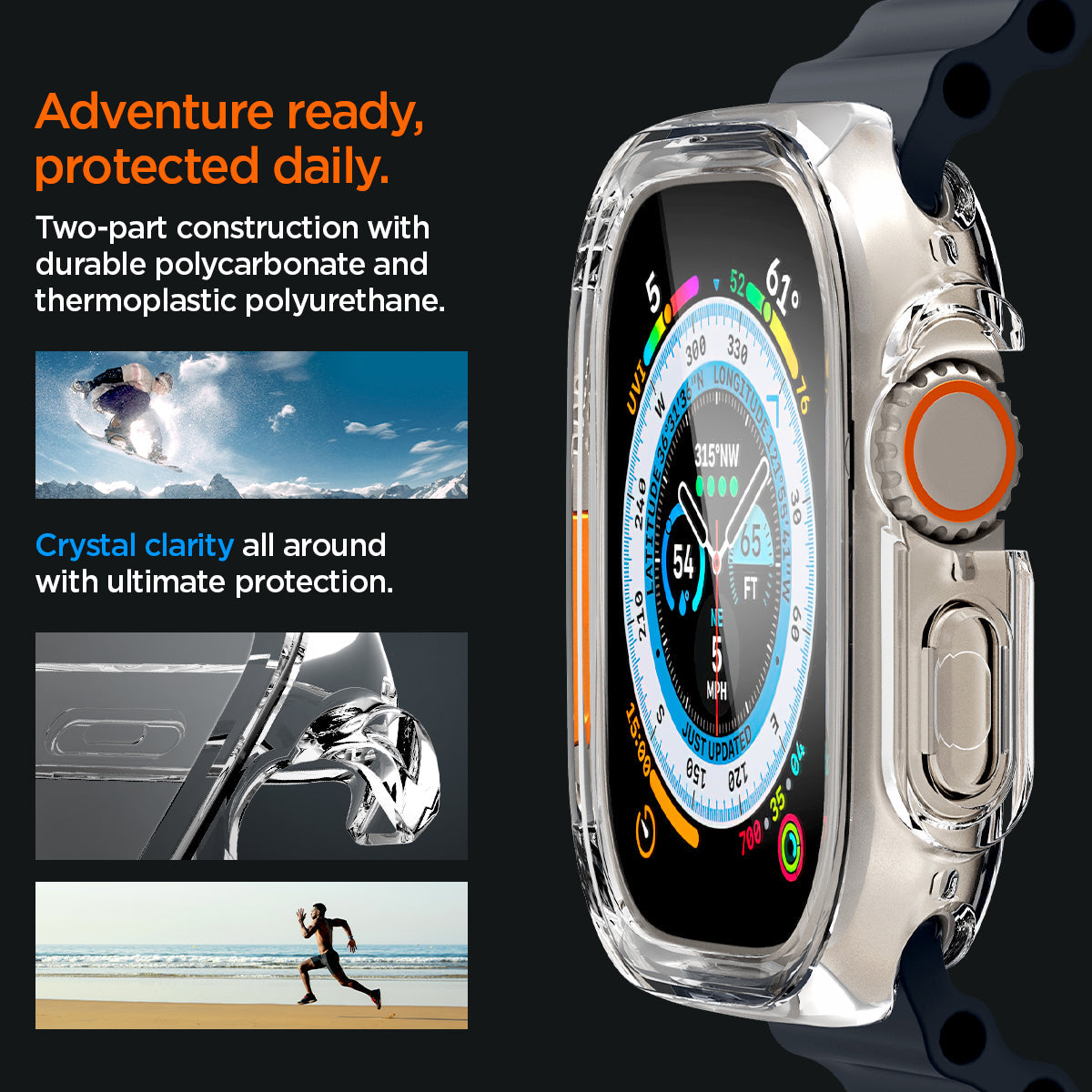 ACS05459 - Apple Watch Ultra (Apple Watch (49mm)) Case Ultra Hybrid in crystal clear two part construction with durable polycarbonate and thermoplastic polyurethane. Crystal clarity all around with ultimate protection. Adventure ready, protected daily.