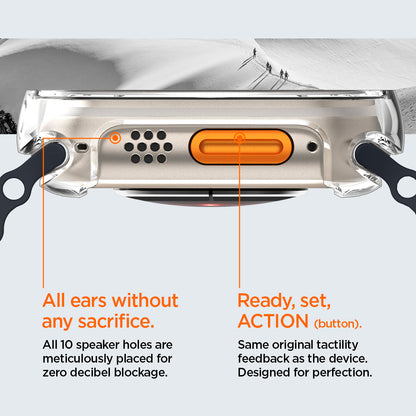 ACS05459 - Apple Watch Ultra (Apple Watch (49mm)) Case Ultra Hybrid in crystal clear all 10 speaker holes are meticulously placed for zero decibel blockage. All ears without any sacrifice. Same original tactility feedback as the device designed for perfection.
