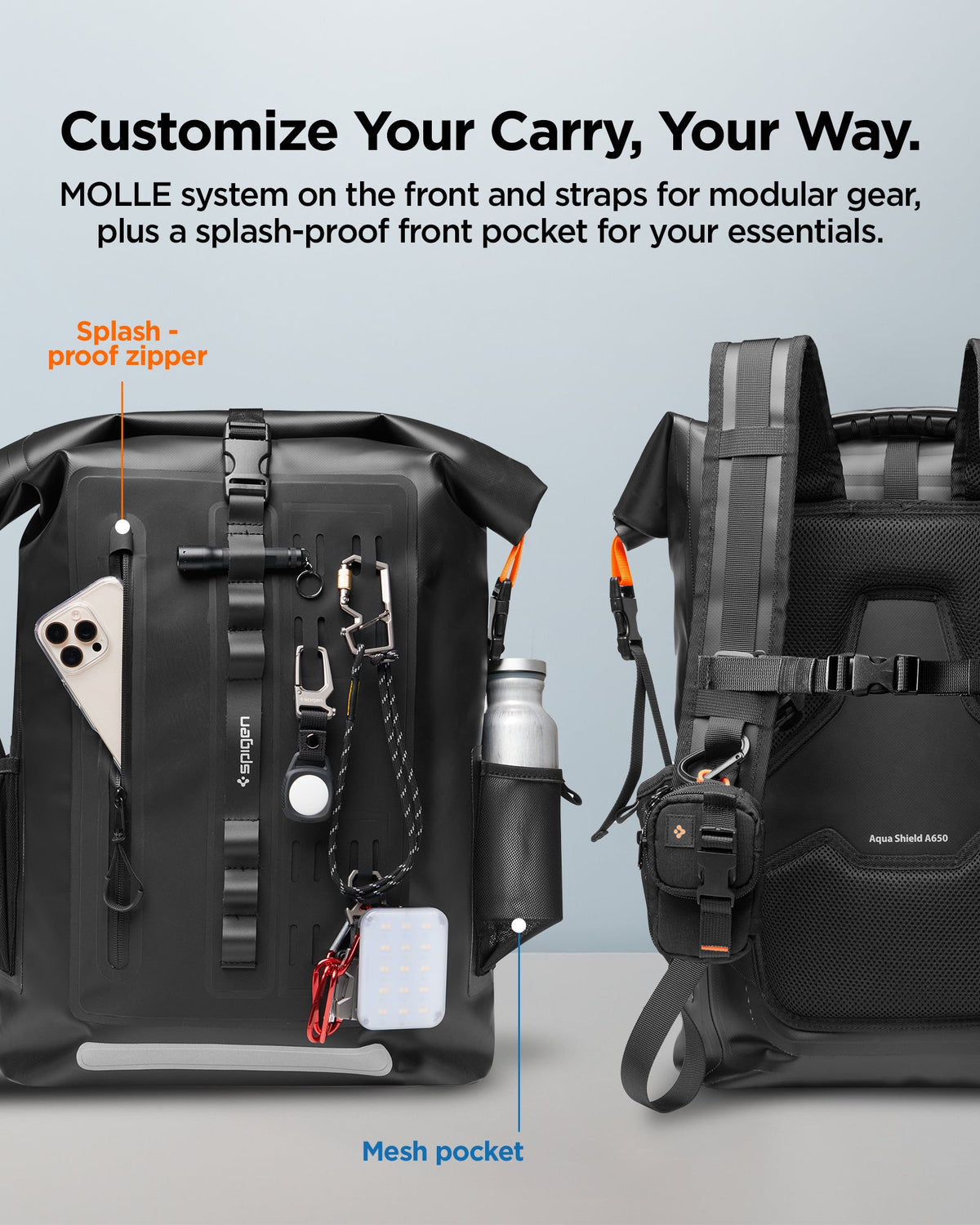 AMP07875 - AquaShield Waterproof Backpack A650 in Black showing the MOLLE system on the front and straps for modular gear, plus a splash-proof front pocket for your essentials with Splash-proof zipper and Mesh pocket