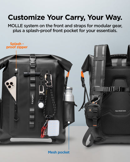 AMP07875 - AquaShield Waterproof Backpack A650 in Black showing the MOLLE system on the front and straps for modular gear, plus a splash-proof front pocket for your essentials with Splash-proof zipper and Mesh pocket