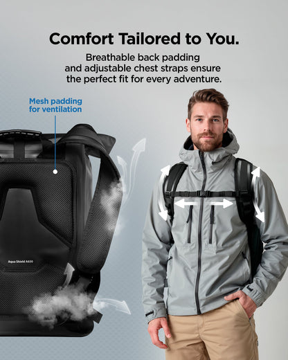 AMP07875 - AquaShield Waterproof Backpack A650 in Black showing the breathable back padding and adjustable chest straps ensure the perfect fit for every adventure with mesh padding for ventilation