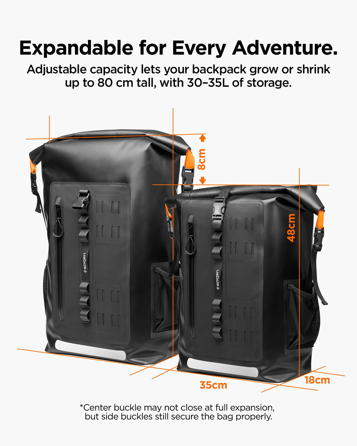 AMP07875 - AquaShield Waterproof Backpack A650 in Black showing the adjustable capacity lets your backpack grow or shrink up to 80cm tall, with 30-35L of storage. Size: 35cmx48cm+8cm 18cm depth. Center buckle may not close at full expansion, but side buck still secure the bag properly