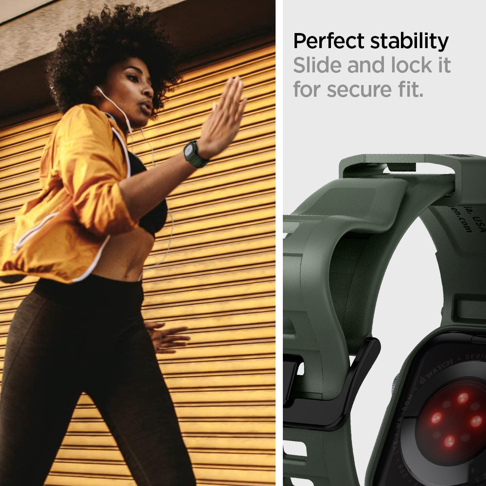 062CS26016 - Apple Watch Series (Apple Watch (45mm)) Case Rugged Armor Pro in military green perfect stability slide and lock it for secure fit.