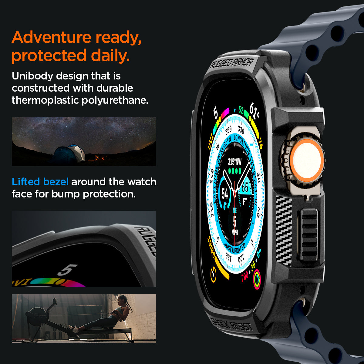 ACS05456 - Apple Watch Series (Apple Watch (49mm)) in matte black adventure ready, protected daily. Unibody design that is constructed with durable thermoplastic polyurethane. Lifted bezel around the watch face for bump protection.