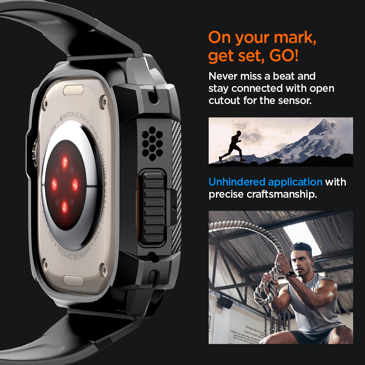 ACS05460 - Apple Watch Series (Apple Watch (49mm)) in matte black never miss a beat and stay connected with open cutout for the sensor. Write down On your mark, get set GO! Unhindered application with precise craftsmanship.