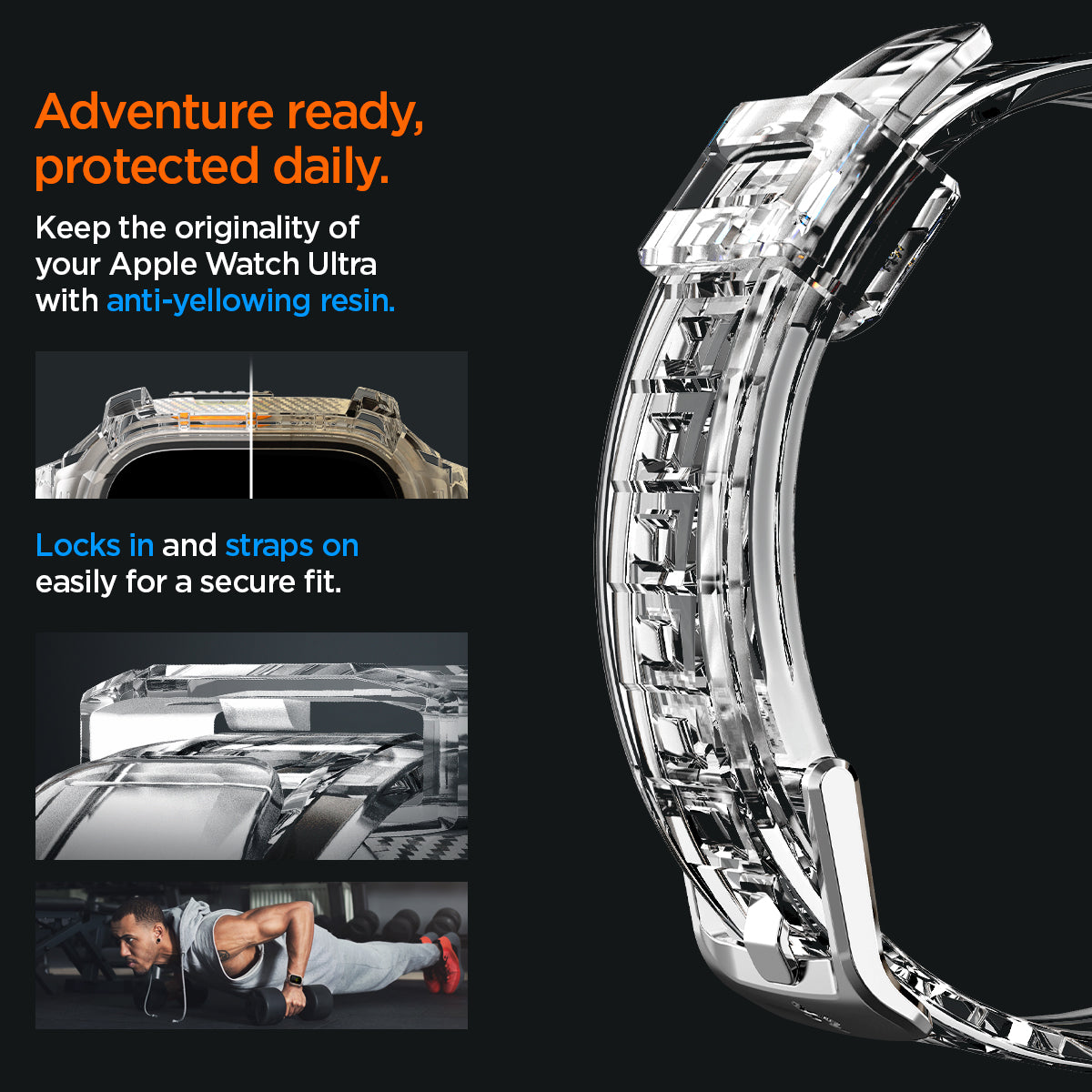 ACS05461 - Apple Watch Series (Apple Watch (49mm)) in crystal clear unibody design protects the apple watch ultra with durable thermoplastic polyurethane. Locks in and straps on easily for a secure fit.