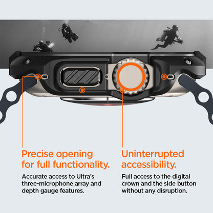 ACS05457 - Apple Watch Ultra (Apple Watch (49mm)) Case Tough Armor in black showing precise opening for full functionality. Accurate access to Ultra's three-microphone array and depth gauge features. Uninterrupted accessibility. Full access to the digital crown and the side button without any disruption.