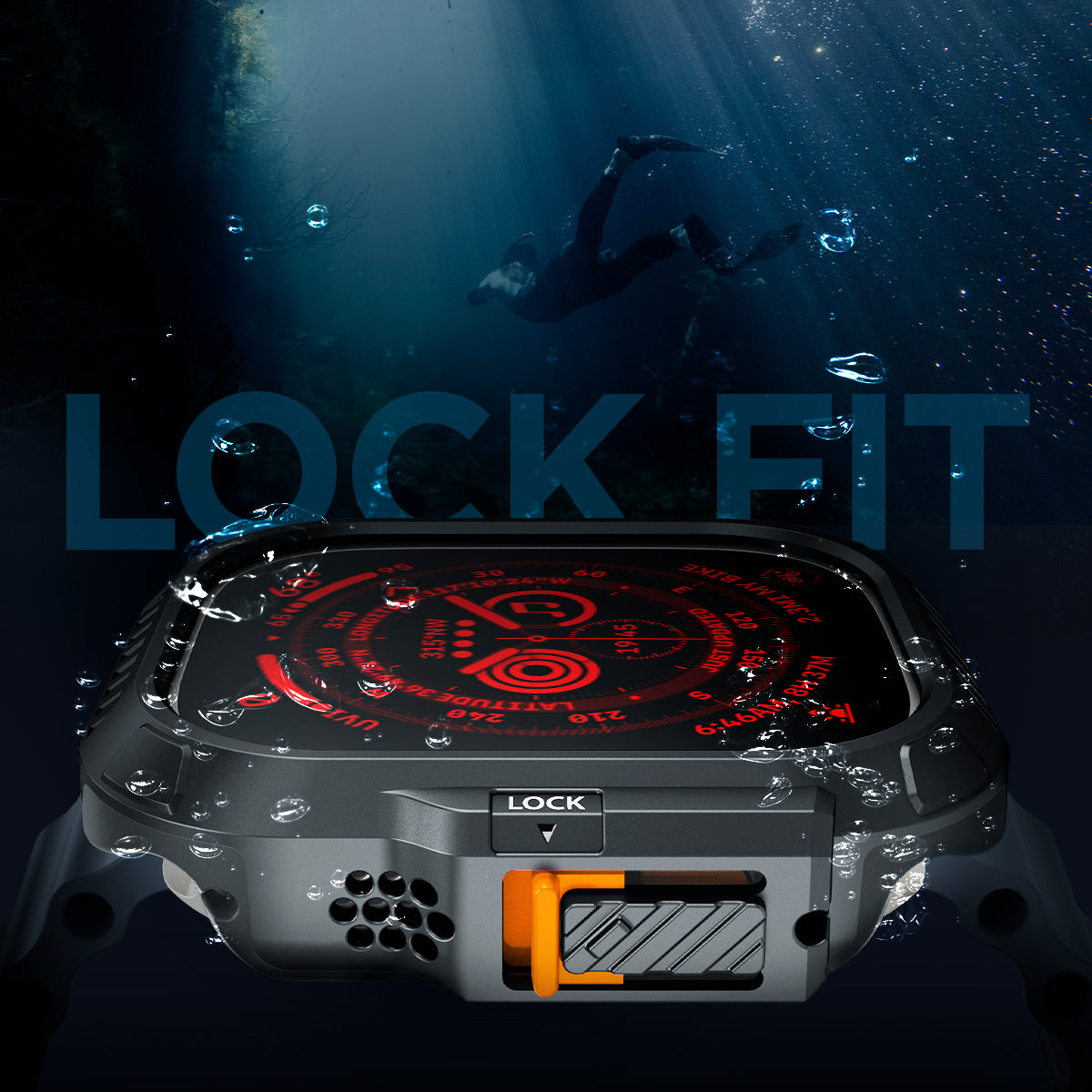 ACS06208 - Apple Watch (49mm) The back has large letters that say LOCK FIT and a diver swimming deep in the ocean.