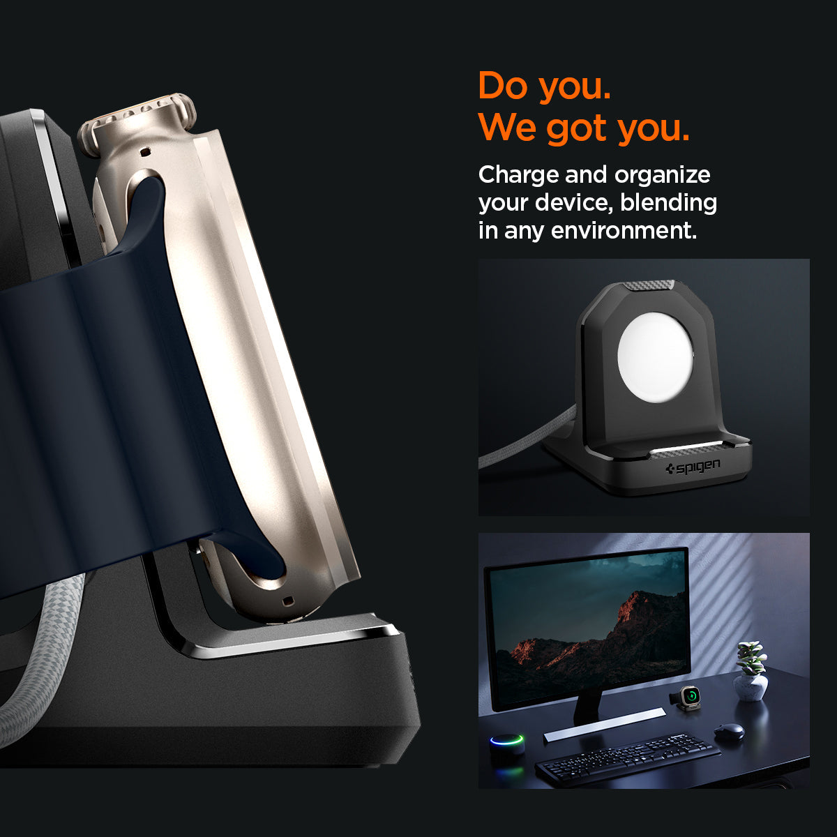 AMP05764 - Apple Watch Rugged Armor Stand in black showing how to charge and organize your device, blending in any environment