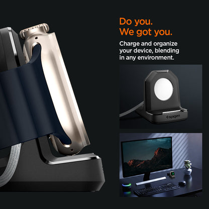 AMP05764 - Apple Watch Rugged Armor Stand in black showing how to charge and organize your device, blending in any environment