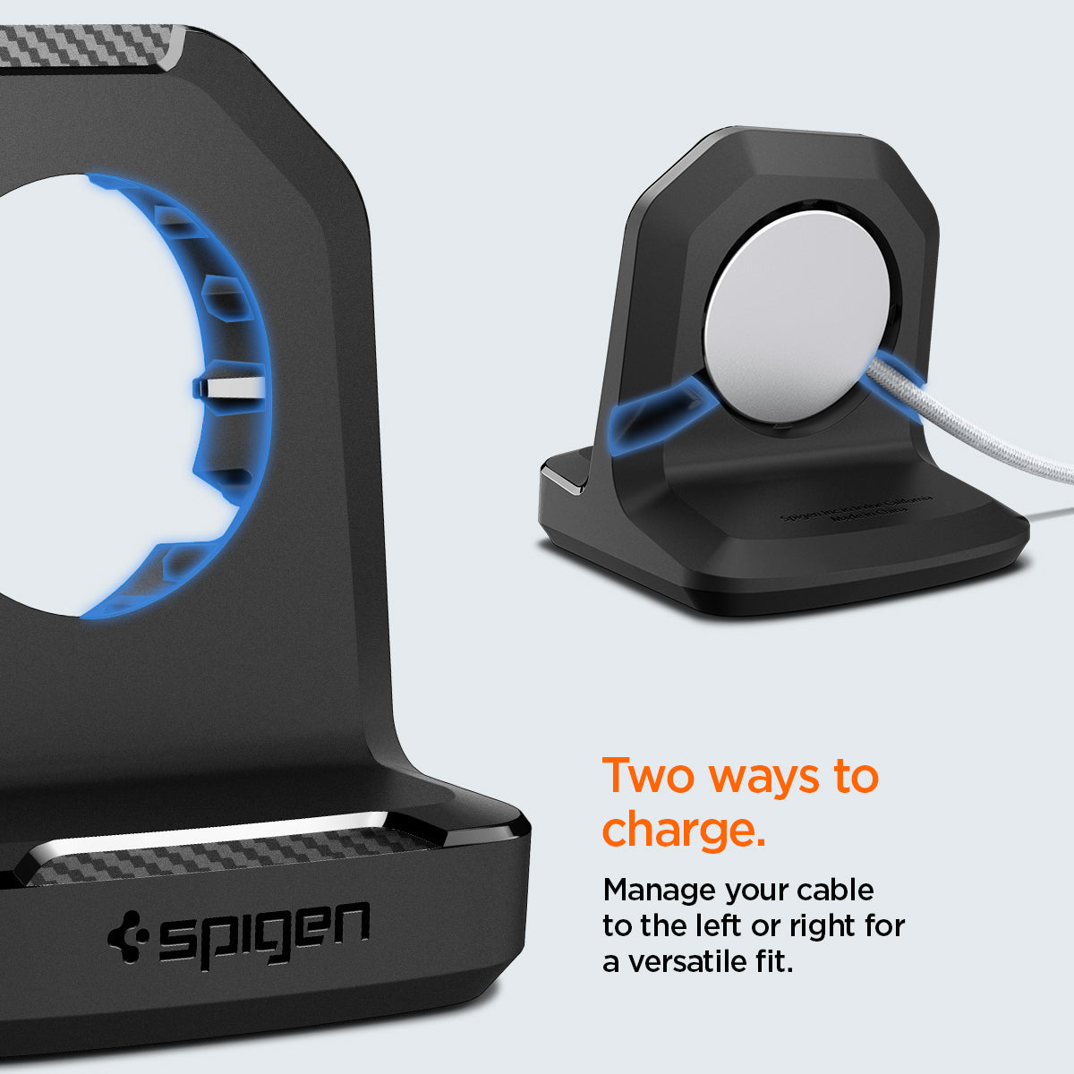 AMP05764 - Apple Watch Rugged Armor Stand in black showing the two ways to charge. Manage your cable to the left of right for a versatile fit