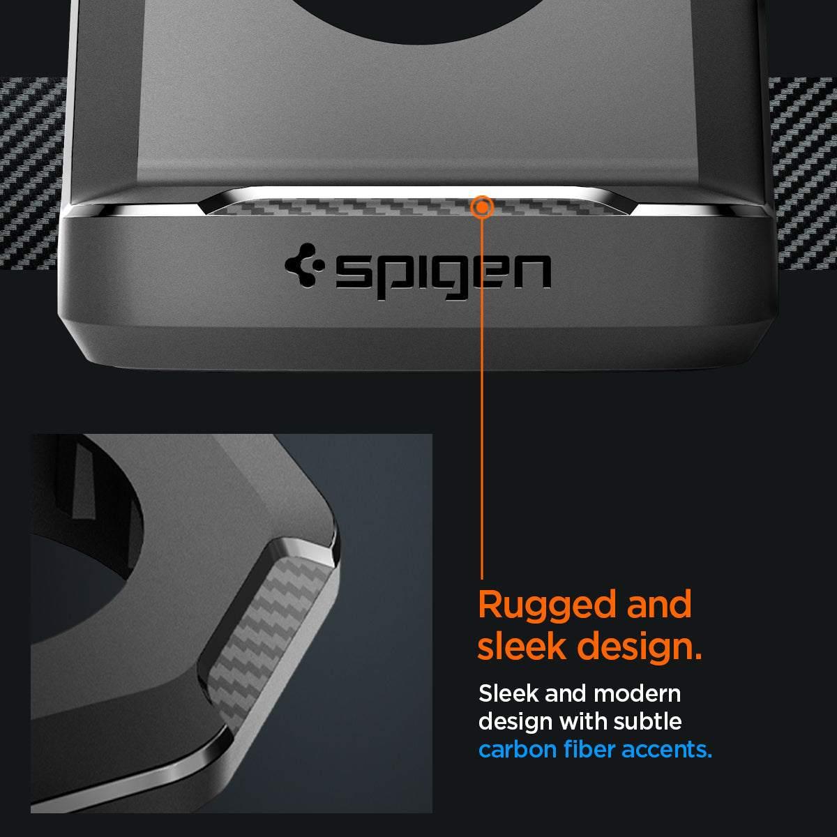 AMP05764 - Apple Watch Rugged Armor Stand in black showing the rugged and sleek design. Sleek and modern design with subtle carbon fiber accents