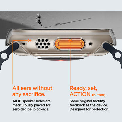 ACS05917 - Apple Watch Ultra (Apple Watch (49mm)) Case Thin Fit in crystal clear has all 10 speaker holes are meticulously placed for zero decibel blockage. All ears without any sacrifice. Also has Ready, set action button. Same original tactility feedback as the device. Designed for perfection.