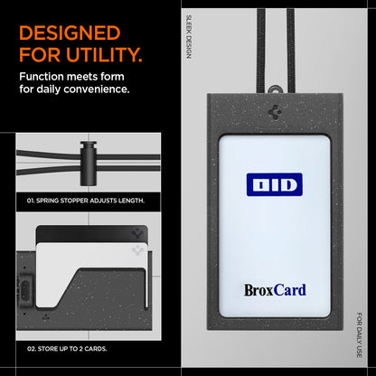 AFA08860 - Badge Holder MagSlide in Black showing the designed for utility, function meets form for daily convenience, 1 spring stopper and adjusts length, 2. store up to 2 cards