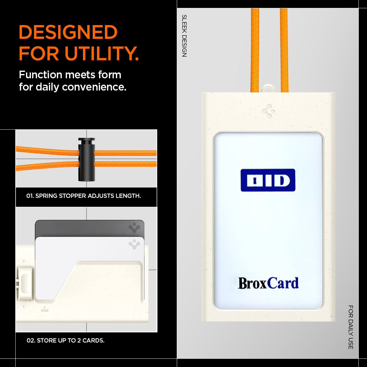 AFA09346 - Badge Holder MagSlide in Dune Beige showing the designed for utility, function meets form for daily convenience, 1 spring stopper and adjusts length, 2. store up to 2 cards